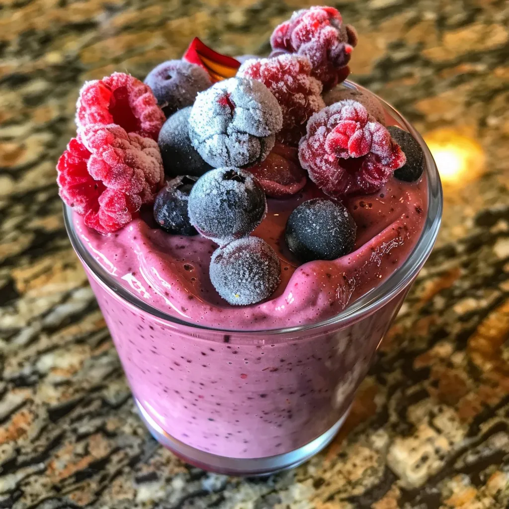 Side view of a creamy mixed berry cheesecake smoothie with vibrant colors.