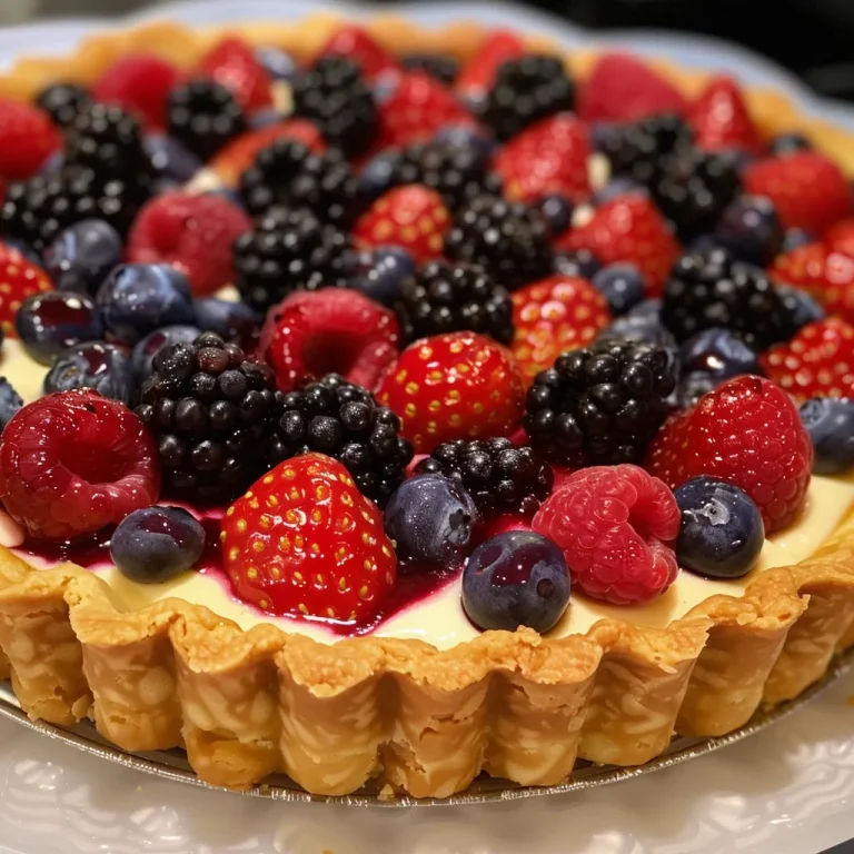 A Delightful Mixed Berry Tart: A Sweet Symphony of Summer Flavors Close-up view of a mixed berry tart with colorful berries on a custard filling.