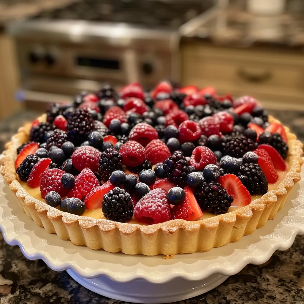 Side view of a delicious mixed berry tart showcasing fresh strawberries, blueberries, and raspberries on creamy custard.