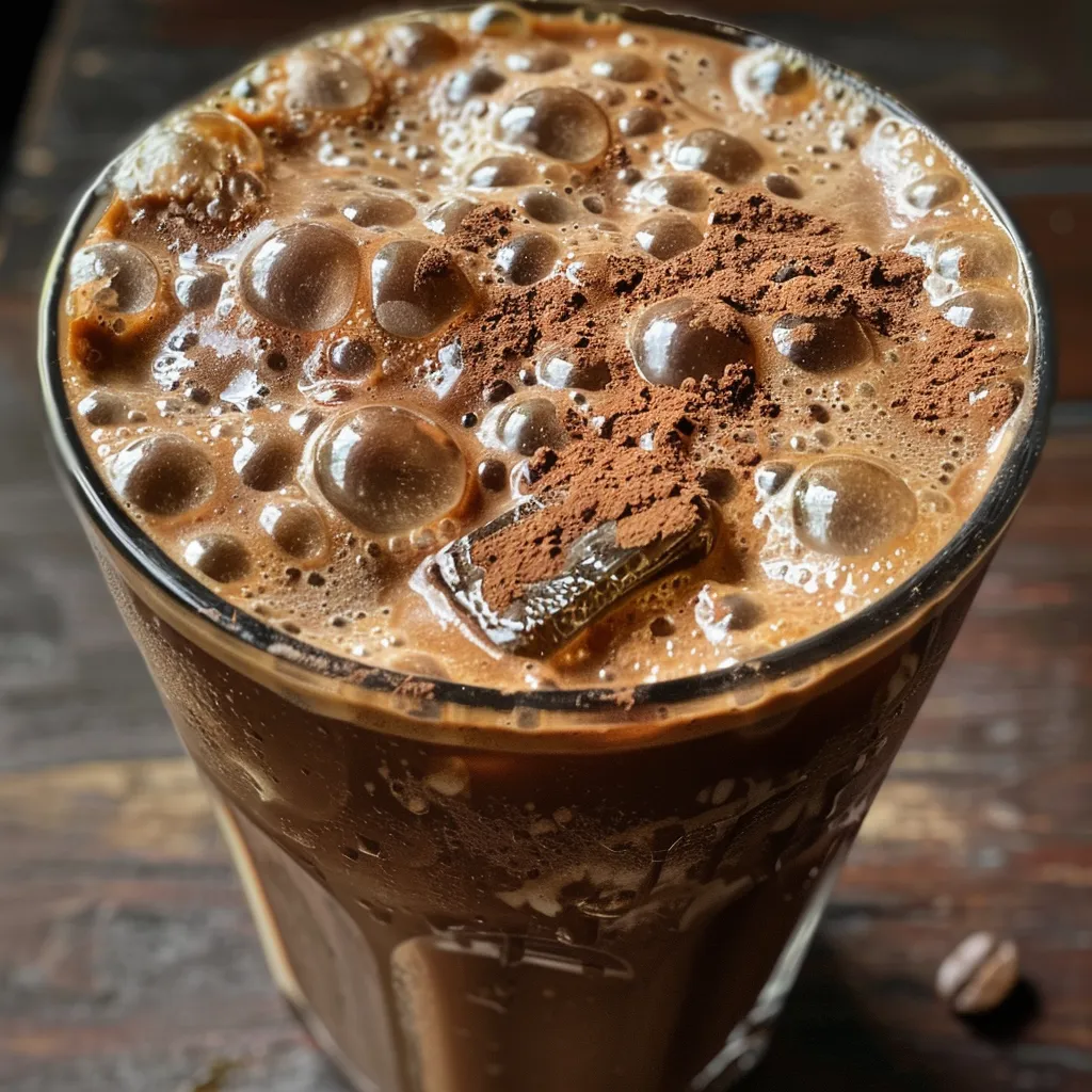 A detailed view of a refreshing Mocha Cold Brew Coffee in a glass, highlighting the creamy texture and cocoa foam on top.
