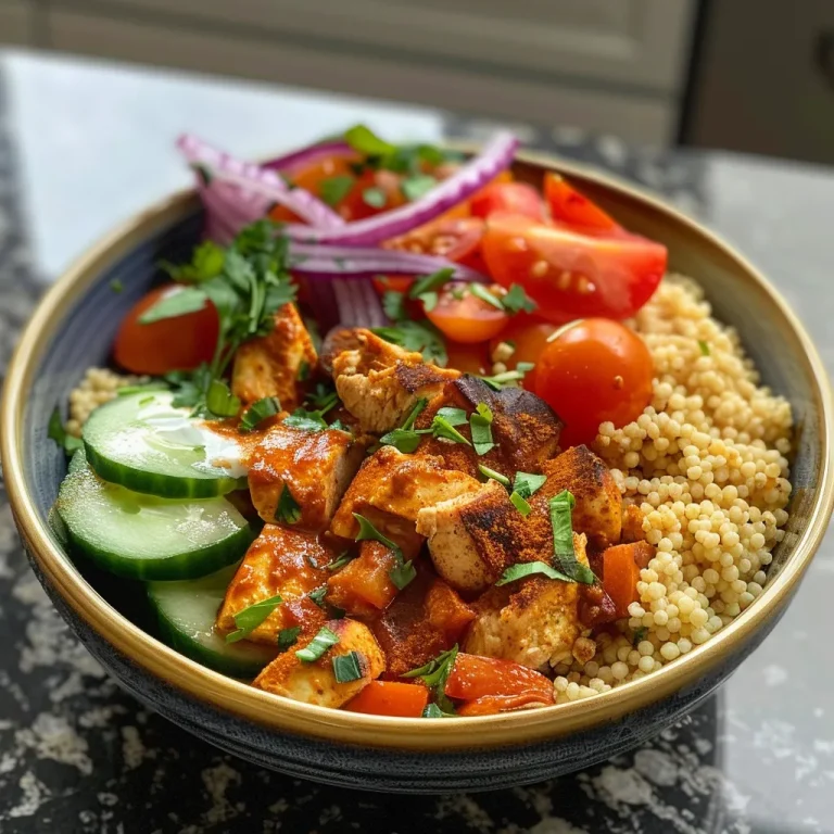 Embracing the Flavors of Morocco A Cozy Chicken Couscous Bowl for Every Night A vibrant Moroccan Chicken Couscous Bowl featuring tender chicken pieces, colorful vegetables, and garnishes.
