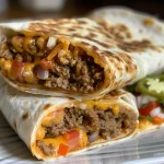 Juicy nacho cheese beef wrap with melted cheese and beef filling.