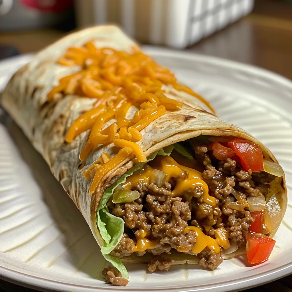 Side view of a delicious beef wrap filled with cheddar and nacho cheese.