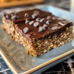 Close-up view of No Bake Chocolate Oatmeal Bars stacked on a plate.