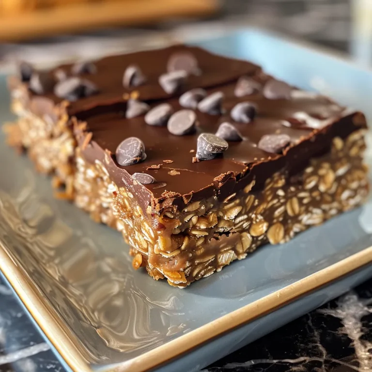 Close-up view of No Bake Chocolate Oatmeal Bars stacked on a plate.
