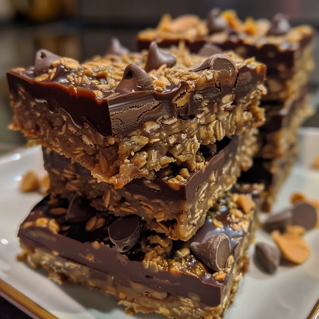 Side view of rich No Bake Chocolate Oatmeal Bars with a glossy chocolate topping.
