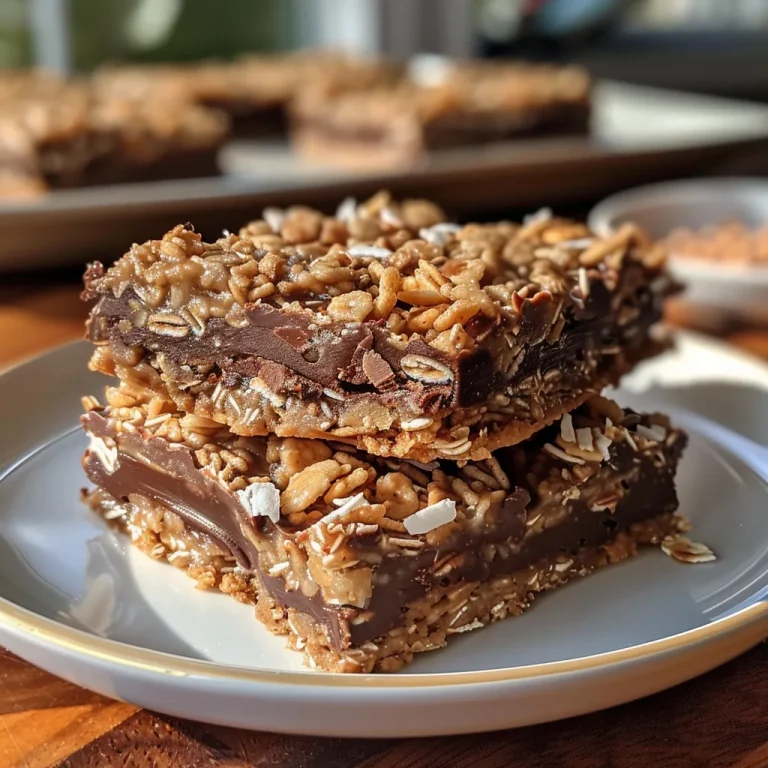 Close-up view of No Bake Coconut Chocolate Oat Bars with a glossy chocolate layer on top.