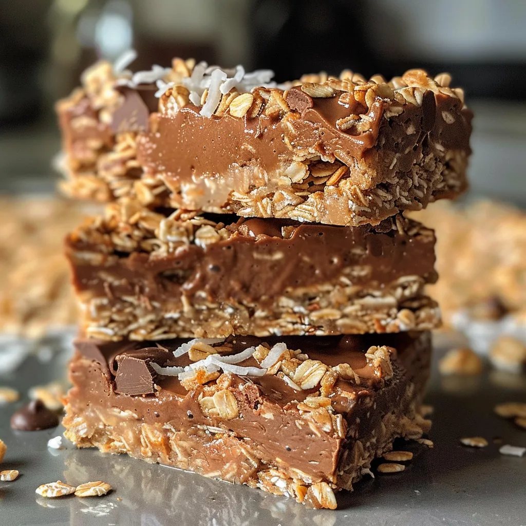 Side shot of coconut chocolate oat bars showing layers of oats and shredded coconut.
