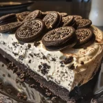 A close-up side view of a No Bake Oreo Cheesecake with a creamy texture and Oreo cookie crumbles.
