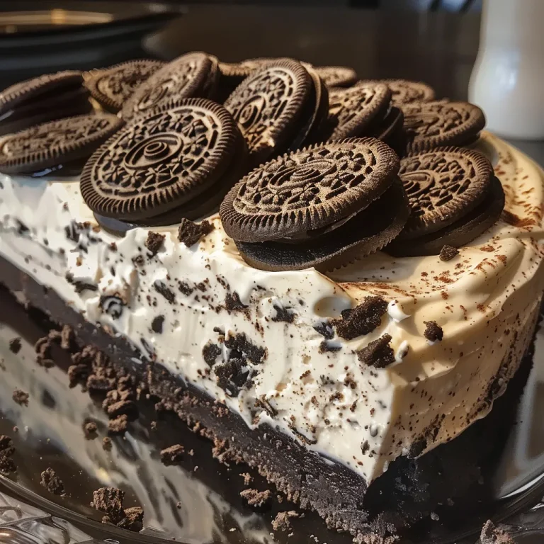 A close-up side view of a No Bake Oreo Cheesecake with a creamy texture and Oreo cookie crumbles.