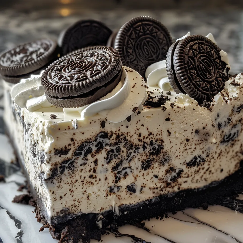 Side view photo showcasing a luscious No Bake Oreo Cheesecake topped with chopped Oreos.