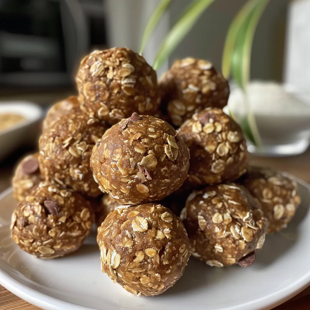 Side view of several No-Bake Peanut Butter Energy Balls, highlighting ingredients like oats and chocolate chips.