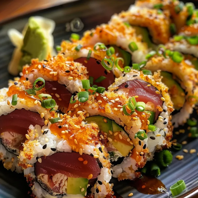 Close-up of crispy rice topped with spicy tuna, avocado, and jalapeños.