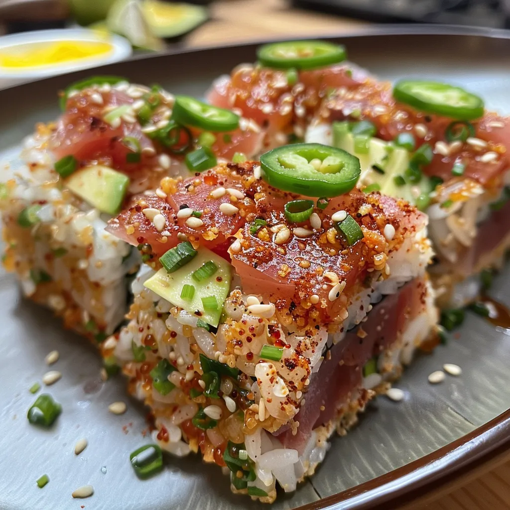 Side view of Nobu-style crispy rice with vibrant spicy tuna and garnishes.