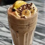 Close-up of a delicious Nutella and banana milkshake in a glass with a straw.