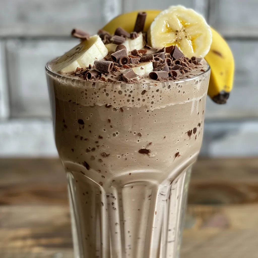 Side view of a creamy Nutella banana milkshake topped with whipped cream and chocolate shavings.