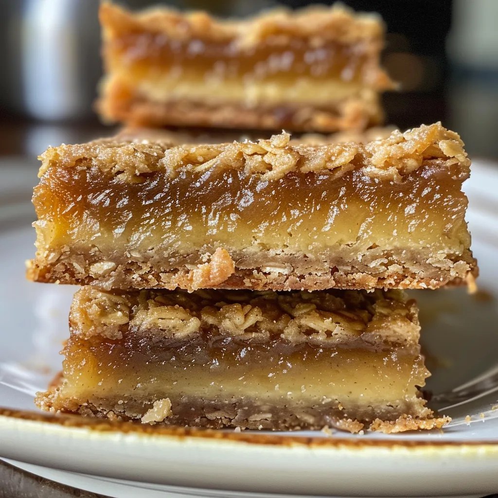 Delicious Oatmeal Lemon Creme Bars displayed on a white plate, showcasing layers of lemon and oatmeal.