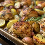 Juicy lemon herb chicken thighs and golden baby potatoes in a skillet.
