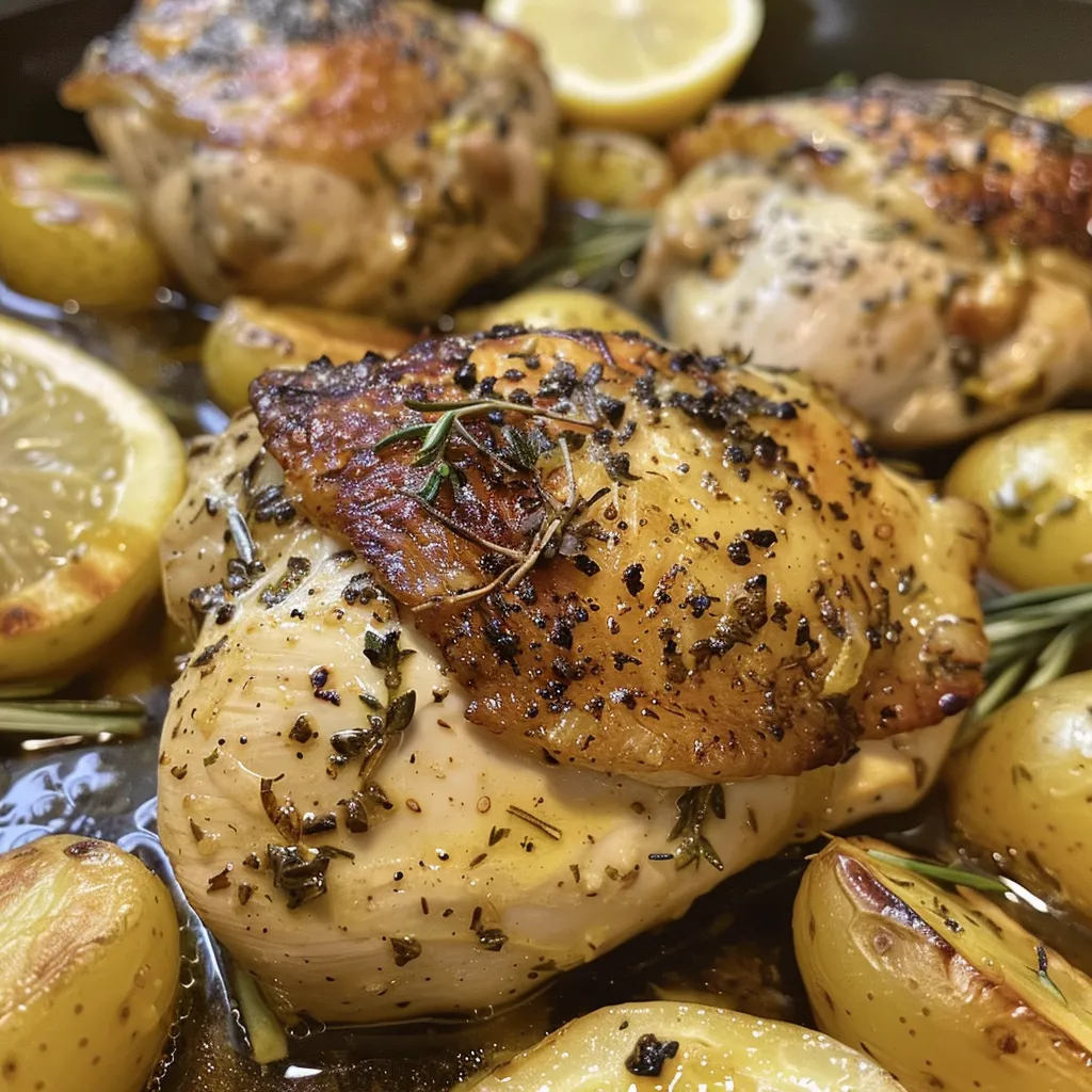 Close up view of baked chicken thighs with herbs and lemon slices beside potatoes.