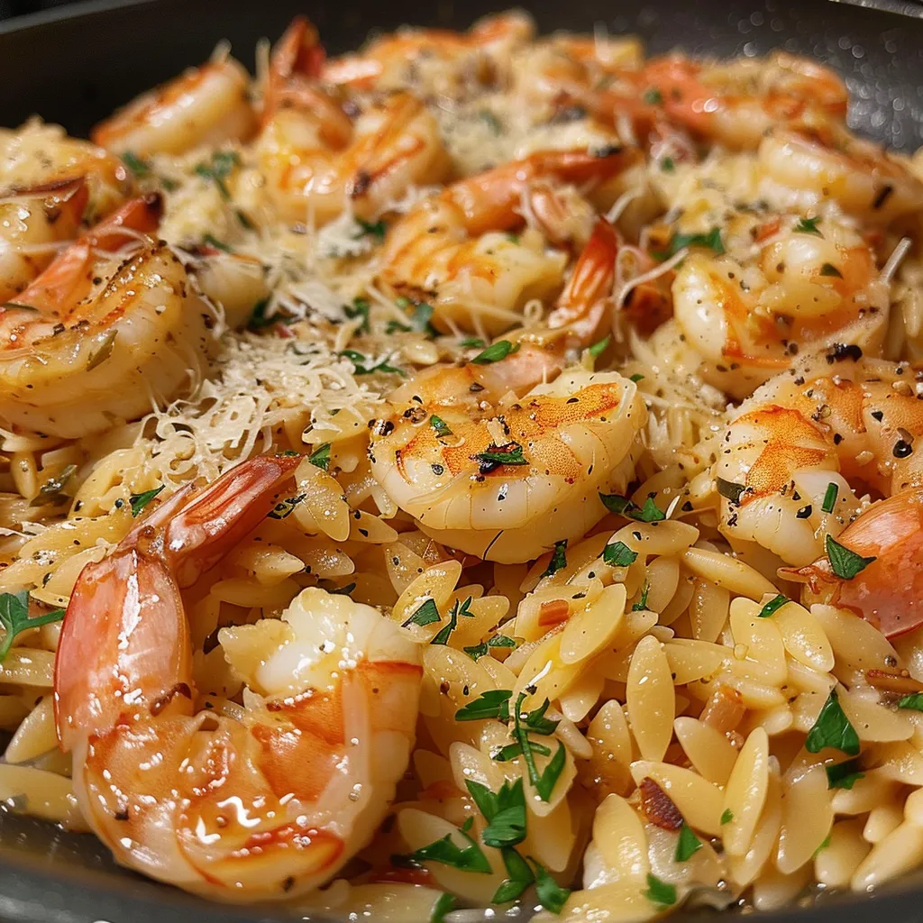 Side view of a delicious One Pan Parmesan Orzo dish, showcasing large shrimp and rich cheese.
