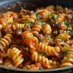 A close-up side view of a hearty one-pot beefy tomato pasta dish, showcasing tender pasta and savory beef.