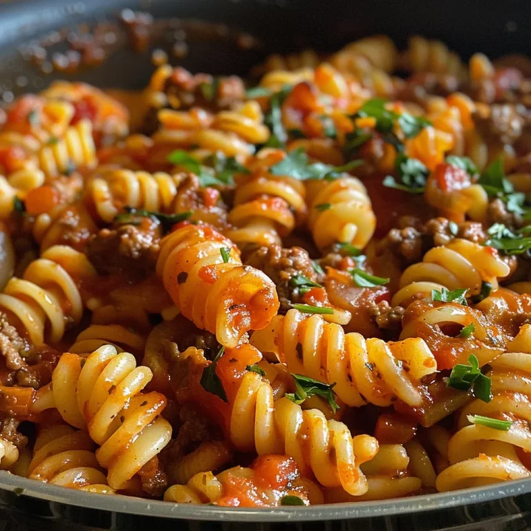 A Hearty Embrace: One-Pot Beefy Tomato Pasta That Speaks of Home A close-up side view of a hearty one-pot beefy tomato pasta dish, showcasing tender pasta and savory beef.