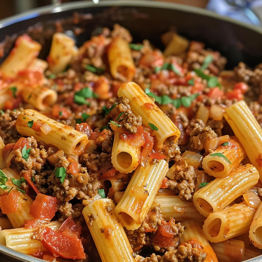 Juicy one-pot beefy tomato pasta served in a bowl, featuring ground beef, pasta, and a rich tomato sauce.