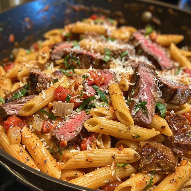 A close-up view of a bowl of One-Pot Zesty Steak Pasta featuring sliced steak and colorful pasta.