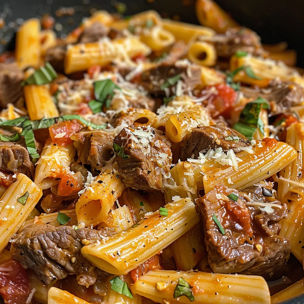 Juicy One-Pot Zesty Steak Pasta with tender steak, pasta, and garnished with fresh herbs.