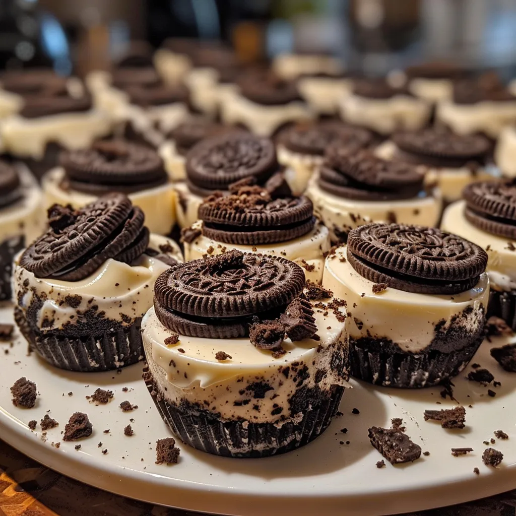 Side view of delicious Oreo Cheesecake Bites, showcasing a rich, layered dessert topped with Oreo crumbs.