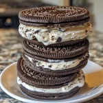 Close-up side view of Oreo ice cream sandwiches with visible layers of cream and cookies.