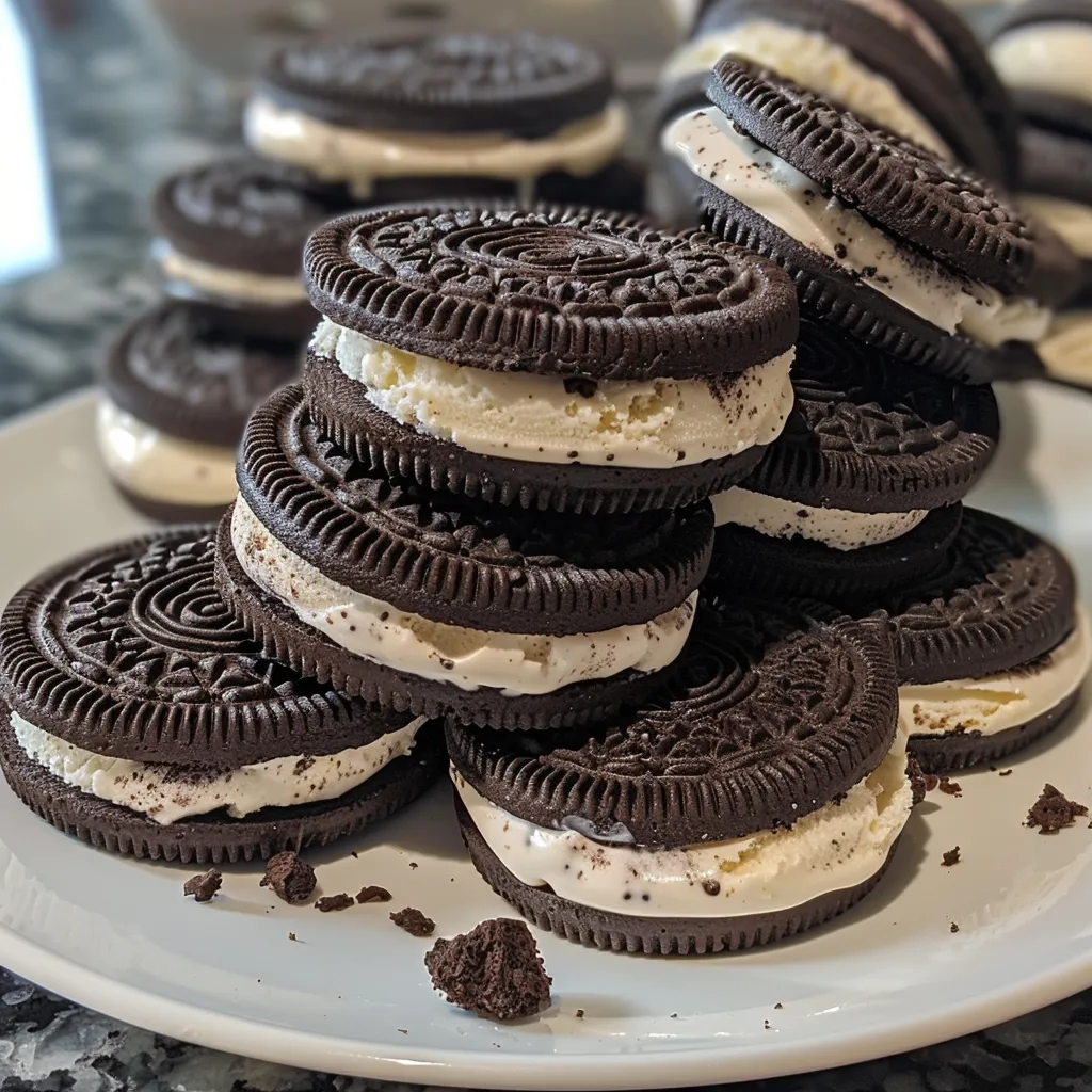Side view of a stack of Oreo ice cream sandwiches showcasing the creamy filling.