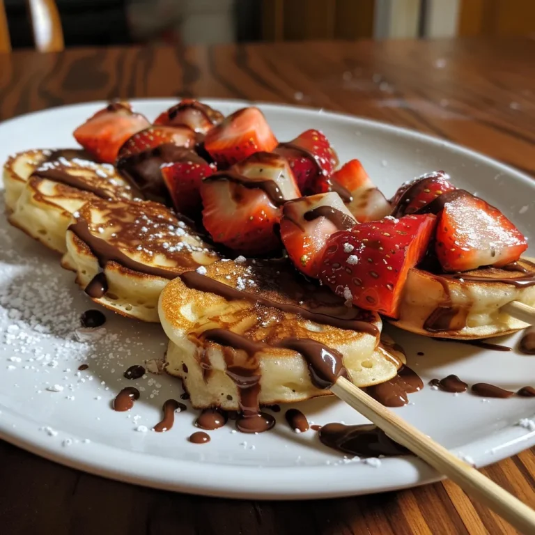 Close-up of colorful pancake skewers with fruits and melted chocolate.