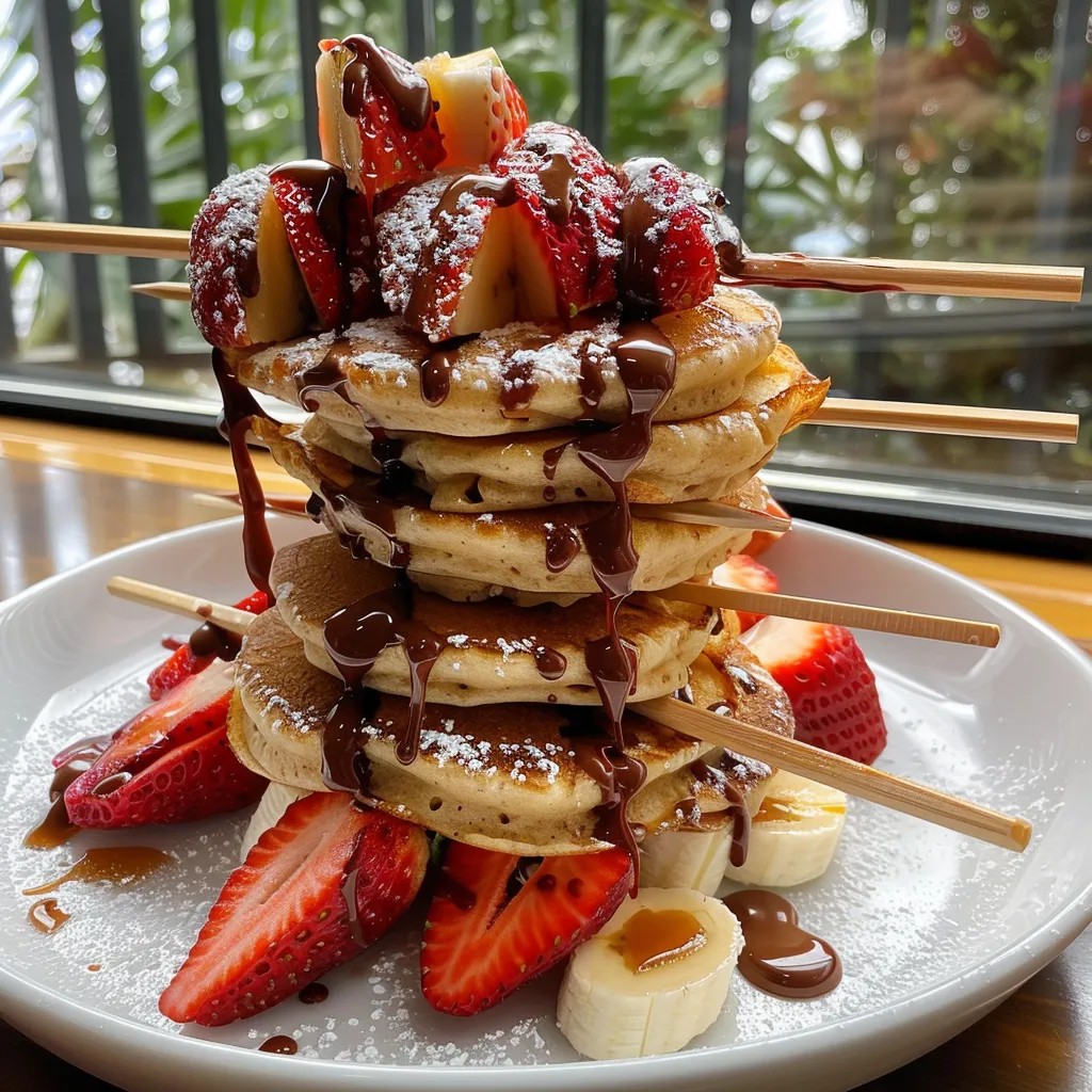 Side view of delicious pancake skewers featuring bananas and strawberries.