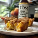 A side view of freshly baked Peach Cobbler Muffins with a golden crust and peach chunks visible.