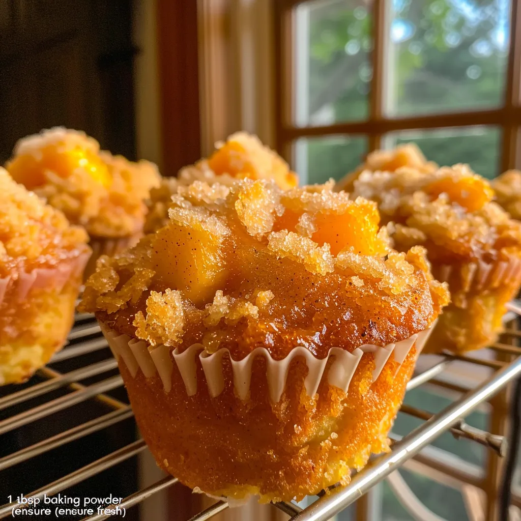 Close-up image showing the texture and color of Peach Cobbler Muffins, highlighting diced peaches.