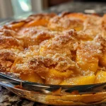 A close-up side view of a golden brown Peach Cobbler with juicy peaches visible.