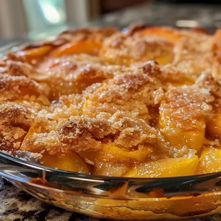 A close-up side view of a golden brown Peach Cobbler with juicy peaches visible.