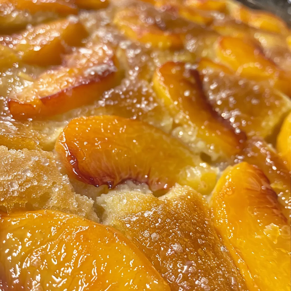 A side view of Peach Cobbler, showcasing the flaky crust and warm, sweet peaches inside.