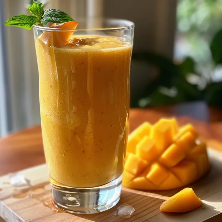 Sip into Paradise The Peach Mango Smoothie That Whisks You Away to Tropical Shores Close-up view of a vibrant peach mango smoothie in a glass garnished with a slice of peach.