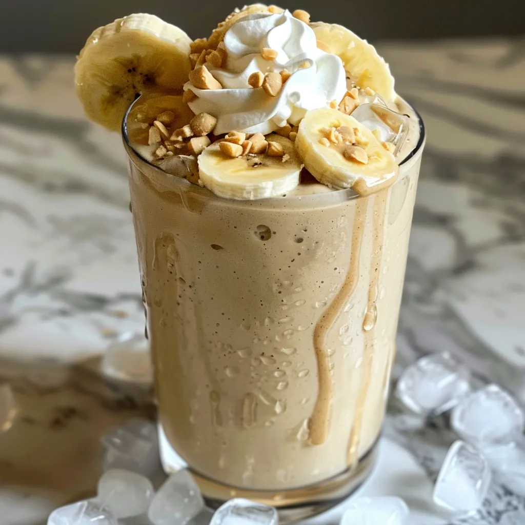 A close-up view of a peanut butter banana milkshake with ice cubes, showing a rich texture and color.