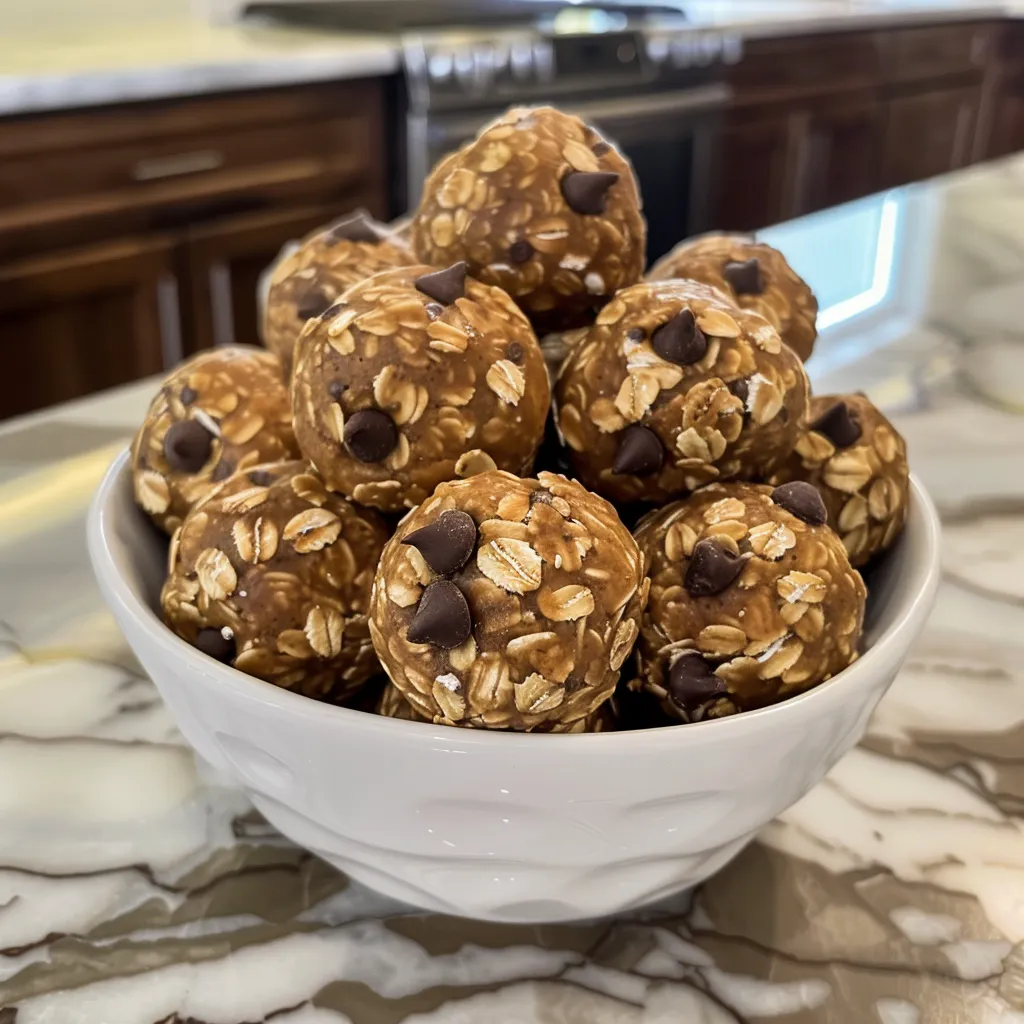 Side view of homemade Peanut Butter Energy Balls arranged on a plate.