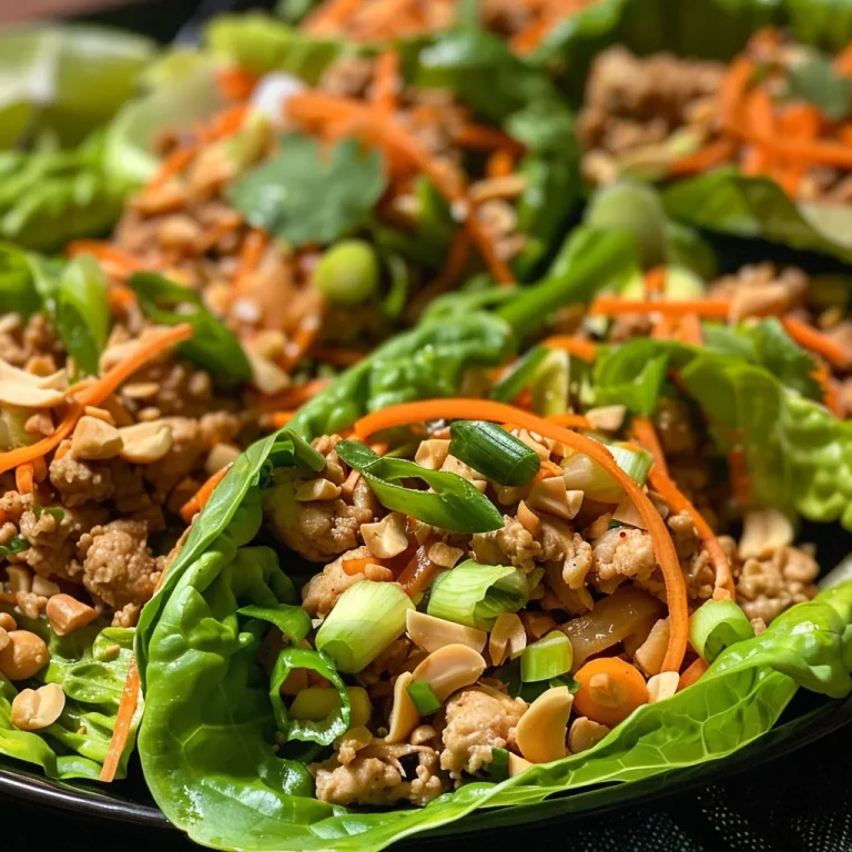 Close-up view of Peanut Chicken Lettuce Wraps arranged on a plate with vibrant ingredients.