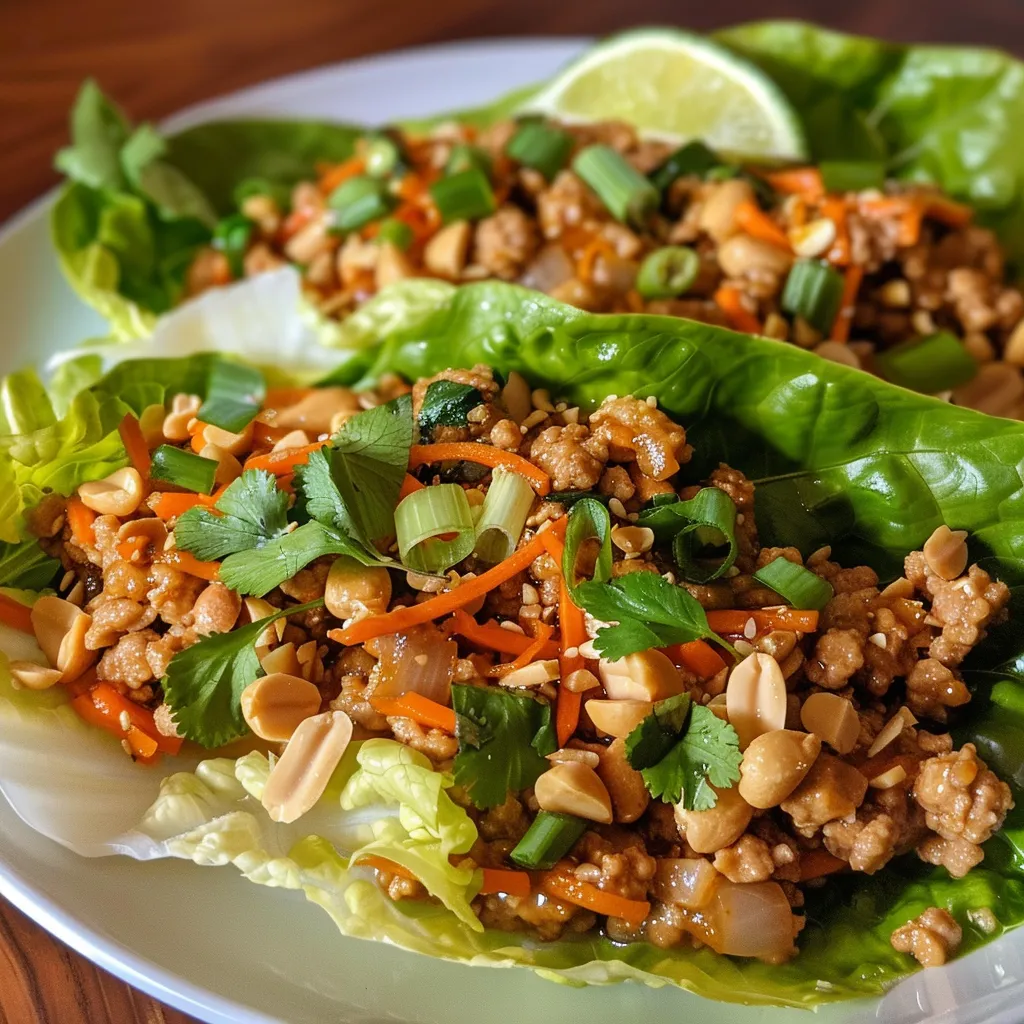Side view of lettuce wraps filled with ground chicken, garnished with peanuts and cilantro.