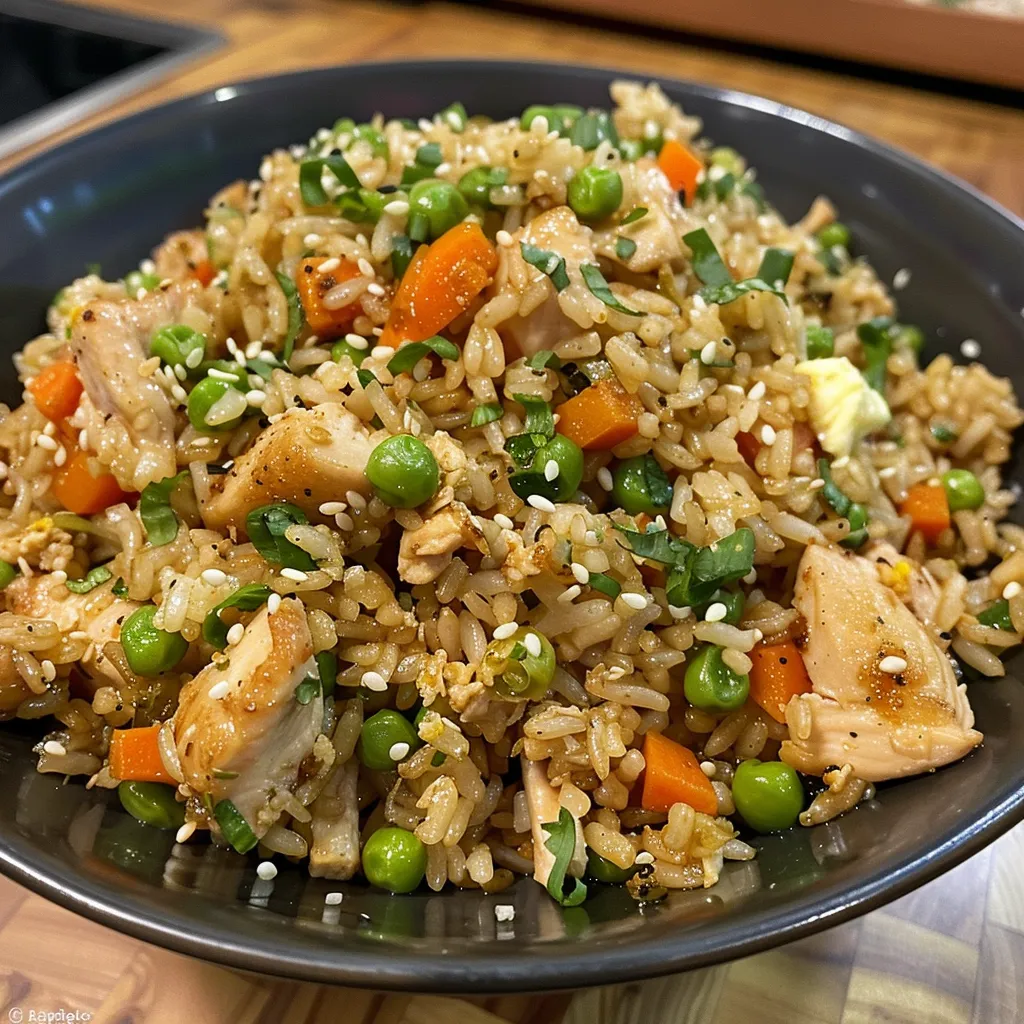 Juicy chicken pieces mixed with rice and vegetables in a vibrant dish.