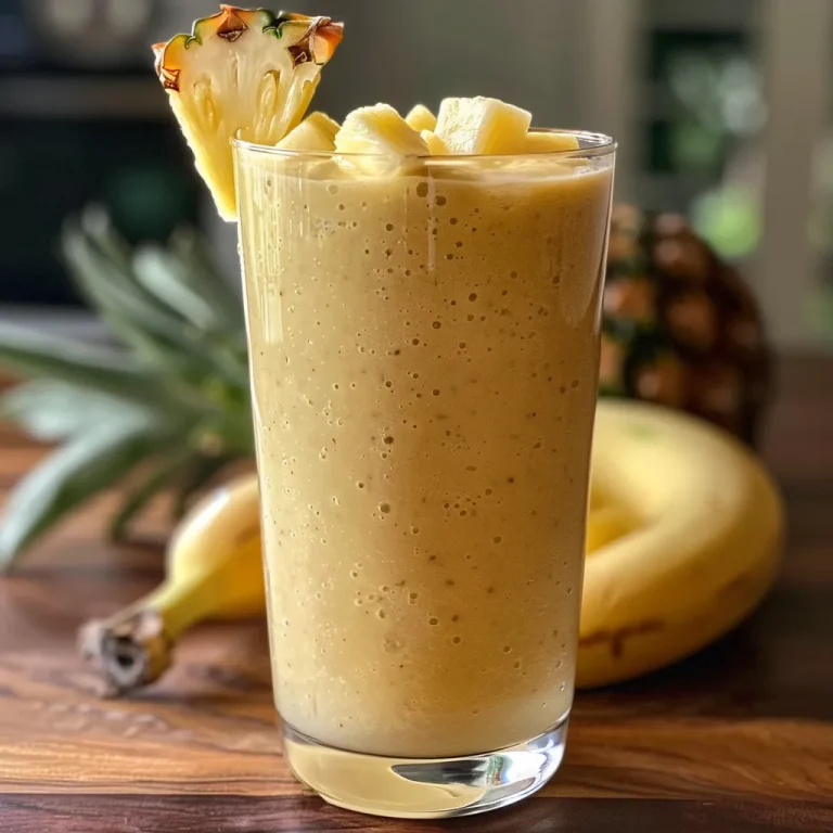 Close-up of a vibrant pineapple coconut smoothie in a glass, garnished with a slice of pineapple.