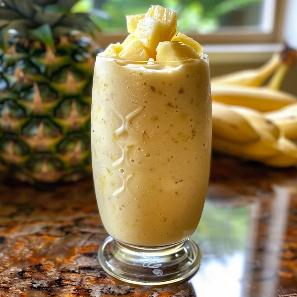 Side view of a refreshing pineapple coconut smoothie topped with tropical fruit.