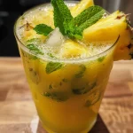 Close-up of a glass filled with vibrant yellow pineapple mint juice, garnished with fresh mint leaves.