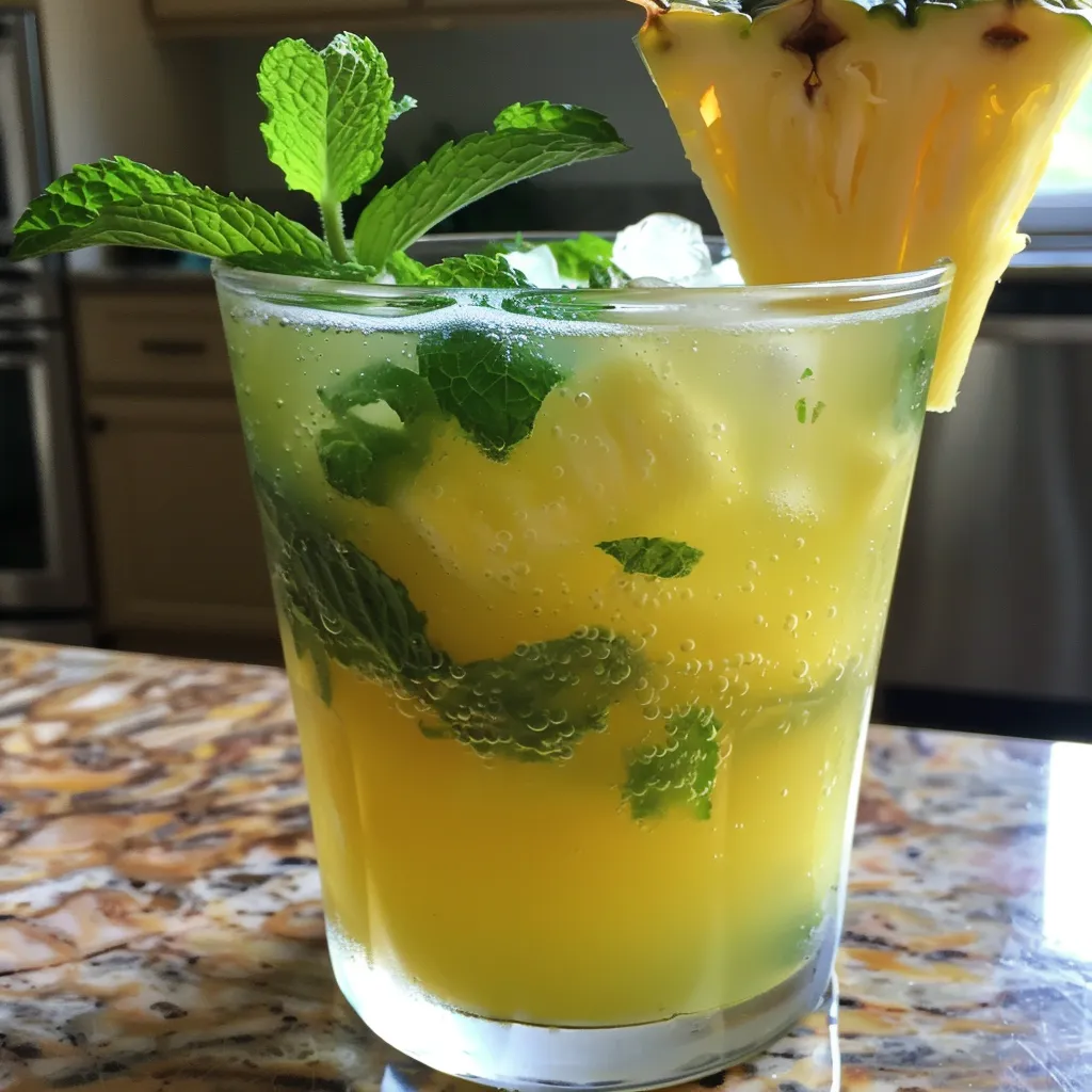 Side view of a refreshing pineapple mint juice in a clear glass on a wooden surface, ice cubes visible.