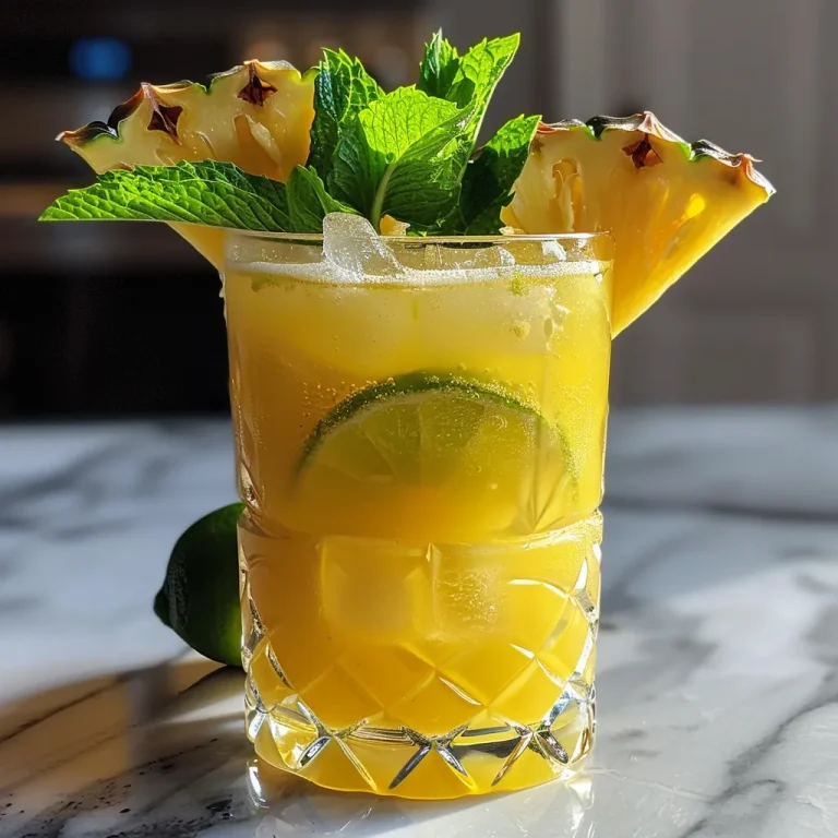 Sipping Sunshine The Pineapple Tequila Smash That Brightens Any Gathering Close-up of a Pineapple Tequila Smash cocktail with mint and pineapple garnish.